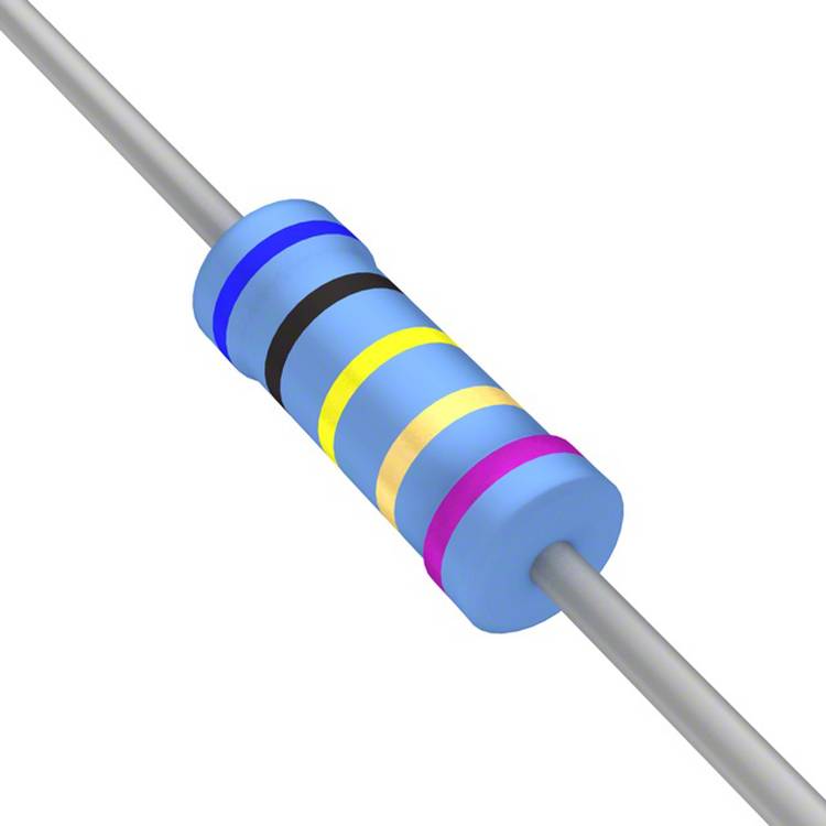 Ein Widerstand mit fünf Farbringen: Blau, Schwarz, Schwarz, Gelb und Rot, der eine in Schaltkreisen verwendete elektrische Komponente darstellt.