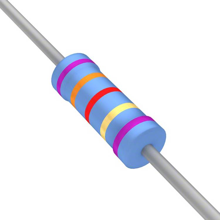 Ein blauer zylindrischer Widerstand mit fünf Farbringen: Rosa, Gelb, Schwarz, Rot und Orange, die seinen Widerstandswert und die Toleranz anzeigen.