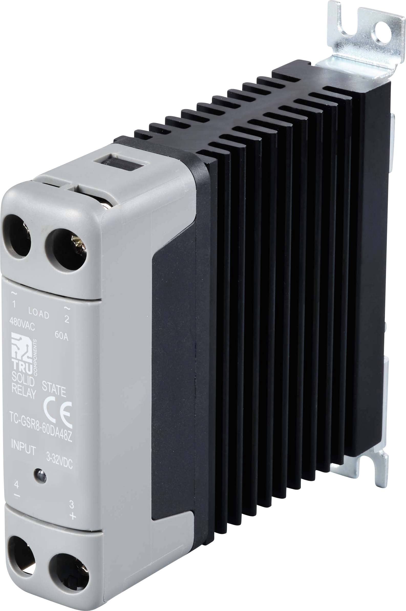 Ein Solid-State-Relais mit Kühlkörper. Aufschrift zeigt Eingangs- und Ausgangsspannung sowie den Stromwert: 480VAC, 60A.