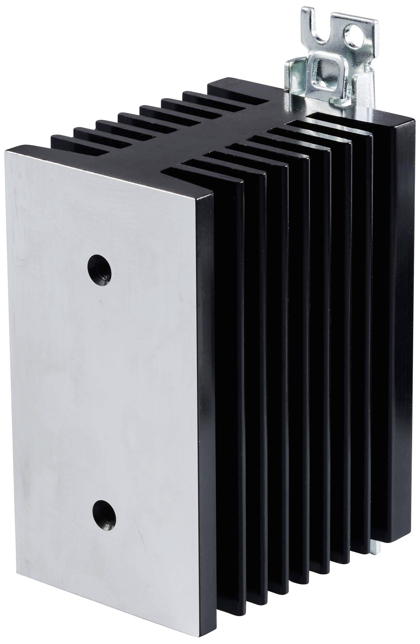 Schwarzer, lamellenförmiger Kühlkörper mit zwei Montagelöchern und Metallhalterung oben; dient zur Wärmeableitung bei Elektronik.