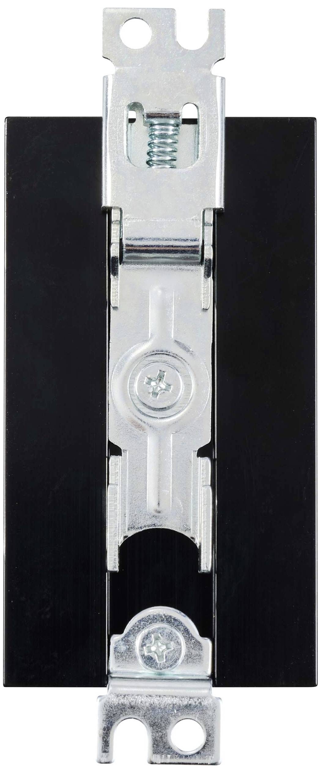 Ein schwarzer, rechteckiger elektrischer Schalter mit silbernen Metallkomponenten zur Montage; Vorderansicht.