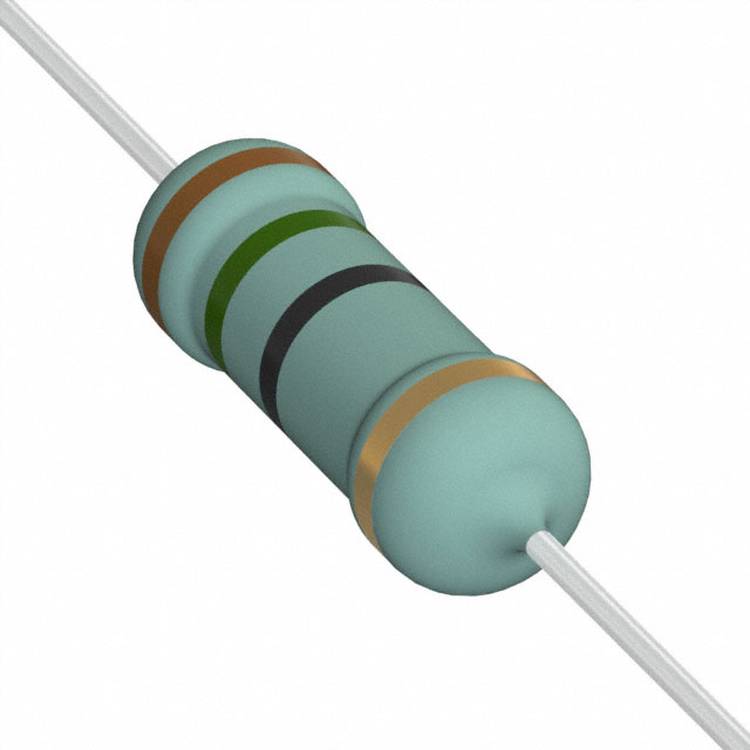 Ein blauer zylindrischer Widerstand mit farbigen Ringen: braun, rot, gold, schwarz, die seinen Widerstandswert und die Toleranz angeben.