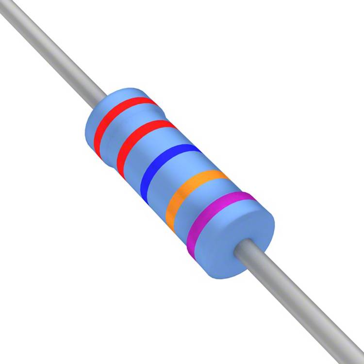 Ein blauer zylindrischer Widerstand mit vier Farbringen: rot, rot, blau und gold, die sein Widerstandsvermögen und Toleranzwerte anzeigen.
