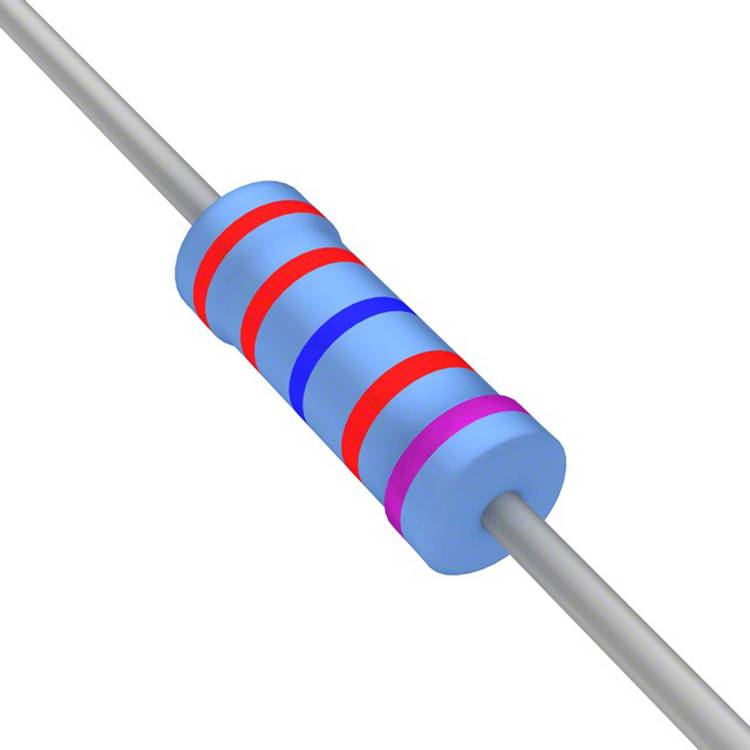 Ein blauer Widerstand mit Farbringen: rot, rot, blau, rosa. Wird in der Elektronik verwendet, um den Stromfluss zu begrenzen.