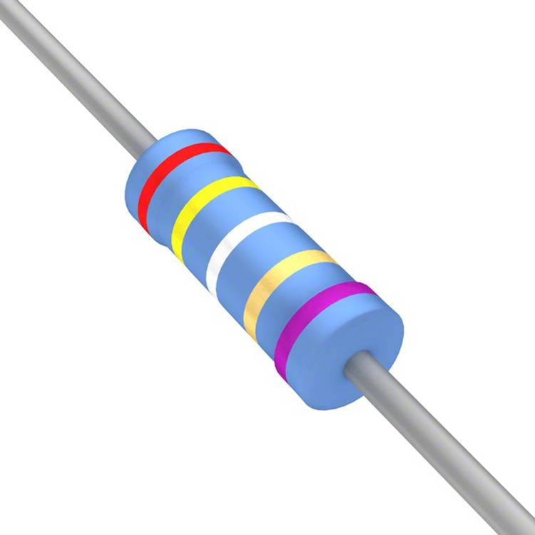 Ein blauer Widerstand mit Farbringen: Rot, Violett, Gelb, Gold, die spezifische Widerstands- und Toleranzwerte angeben.