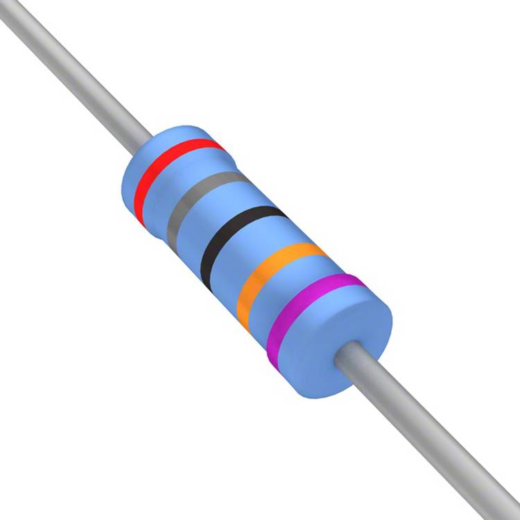 Ein blauer Widerstand mit fünf Farbringen: rot, rot, schwarz, orange, blau, der seinen Widerstandswert und die Toleranz anzeigt.