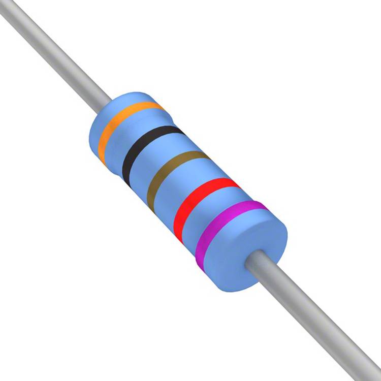 Ein zylindrischer elektronischer Widerstand mit farbigen Bändern: Orange, Schwarz, Blau, Rot und Rosa, die seinen Widerstandswert angeben.