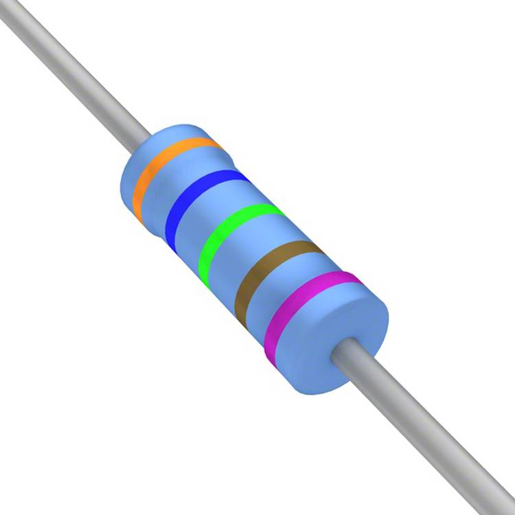 Ein blauer Widerstand mit Farbringen: orange, blau, grün, braun, rosa. Die Ringe repräsentieren Werte des elektrischen Widerstands.