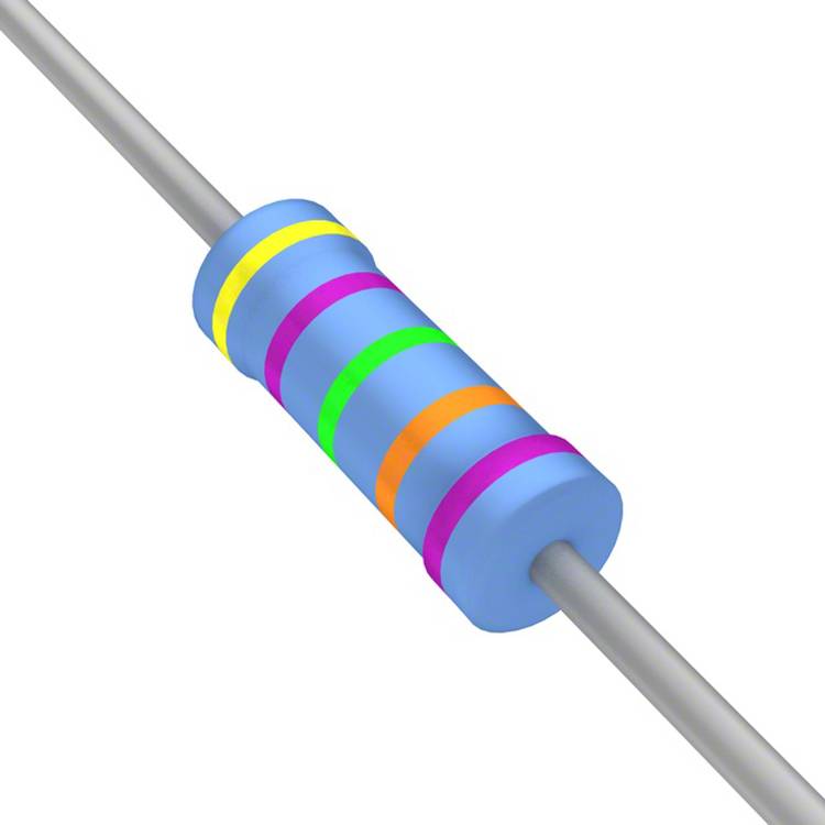 Ein zylindrischer Widerstand mit Farbringen: Gelb, Violett, Grün, Blau und Orange, die seinen Widerstandswert in einem elektrischen Stromkreis anzeigen.