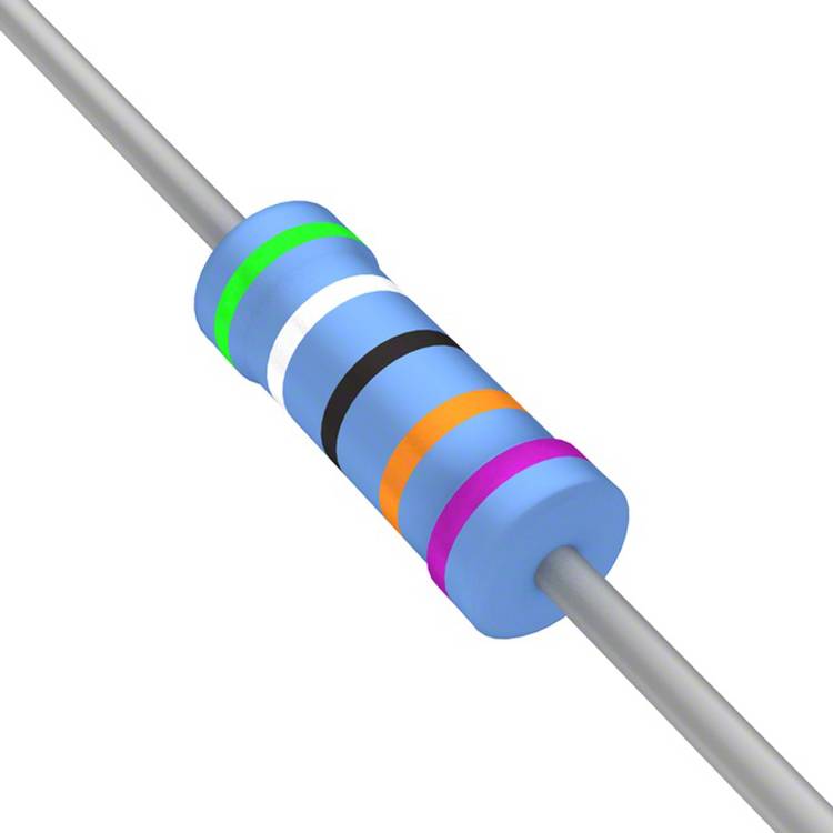 Ein zylindrischer Widerstand mit farbigen Ringen: grün, blau, weiß, schwarz, orange, rosa und blau. Er ist auf einer Metallstange montiert.