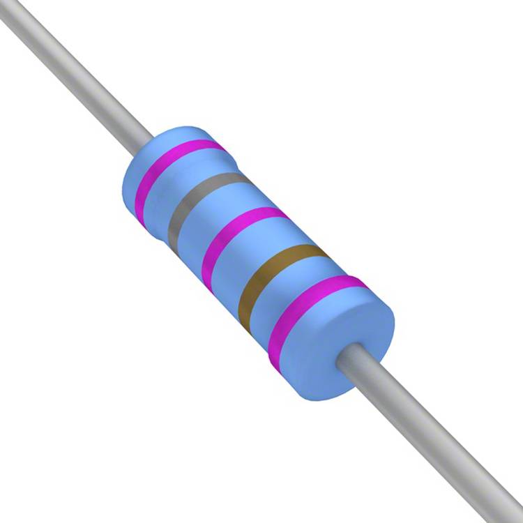 Ein blauer zylindrischer Widerstand mit farbigen Bändern: rosa, braun, schwarz, braun und grau, die seinen Widerstandswert anzeigen.