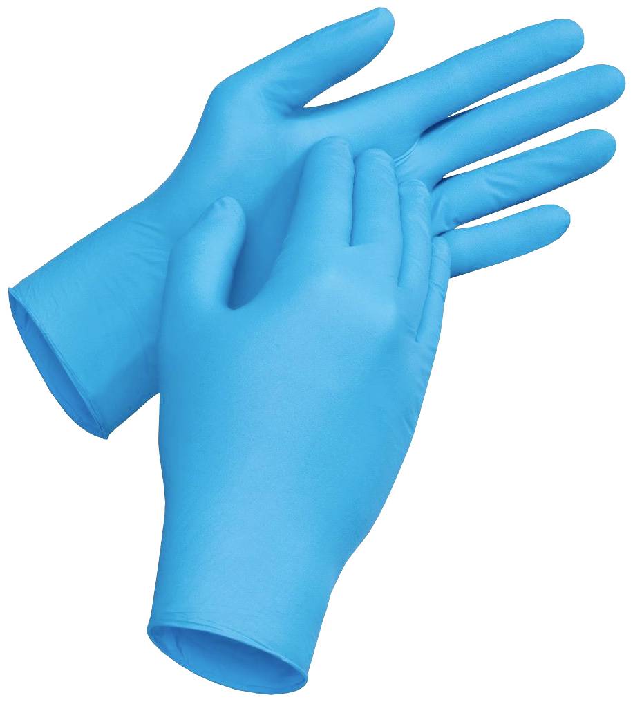Zwei blaue Einweghandschuhe, flach nebeneinander liegend, symbolisieren Sauberkeit und Schutz.
