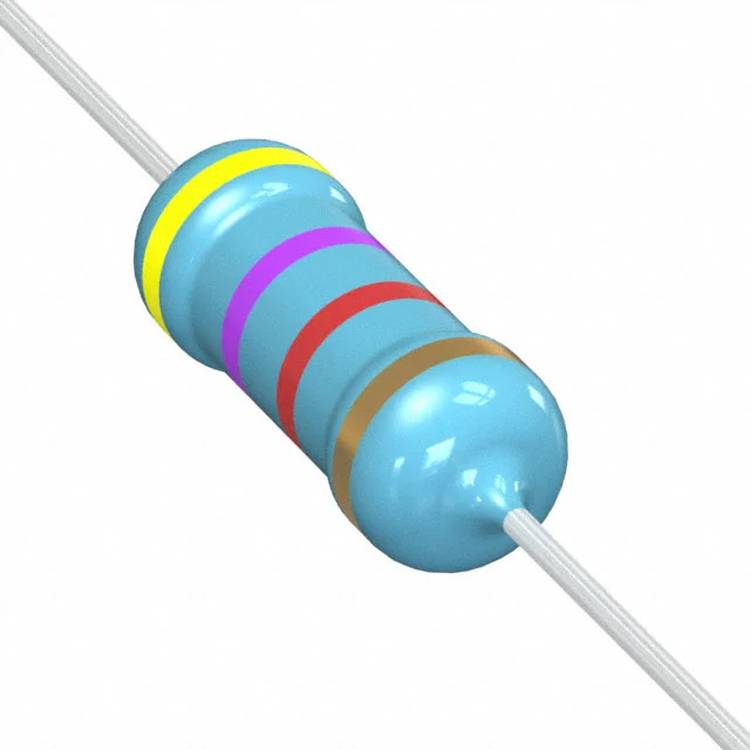 Ein blauer zylindrischer Widerstand mit gelben, rosa, roten und goldenen Farbringen, die den elektrischen Widerstandswert anzeigen, auf weißem Hintergrund.