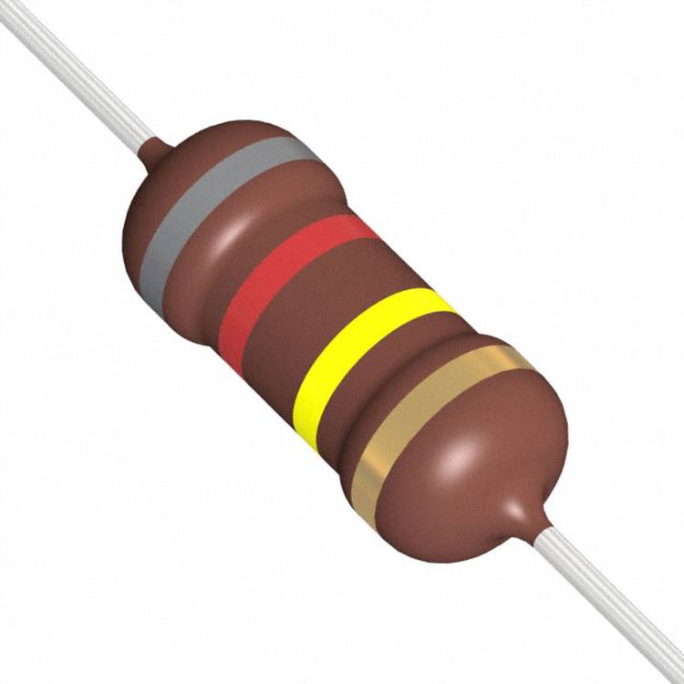 Ein brauner Widerstand mit farbigen Ringen: rot, rot, gelb und gold, die seinen Widerstandswert in einem elektronischen Schaltkreis darstellen.