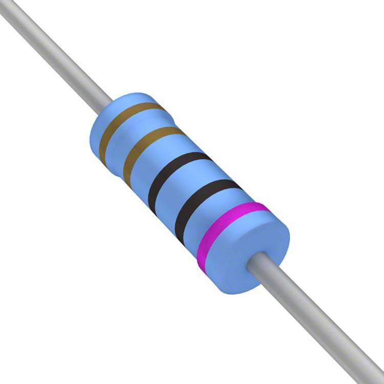 Ein blauer zylindrischer Widerstand mit Farbringen braun, schwarz, schwarz, rosa, die seinen Widerstandswert und die Toleranz angeben.