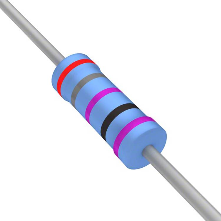 Ein blauer zylindrischer Widerstand mit farbigen Ringen (rot, schwarz, schwarz, braun und braun), der seinen Widerstandswert und die Toleranz anzeigt.