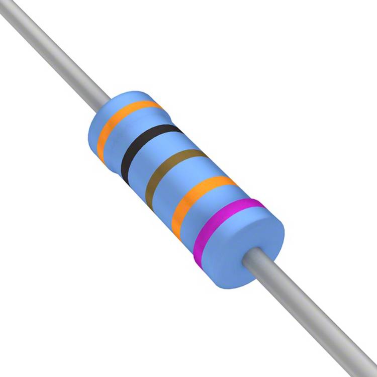 Ein zylindrischer Widerstand mit farbigen Bändern: orange, schwarz, blau, gold und rosa, die den Widerstandswert und die Toleranz anzeigen.