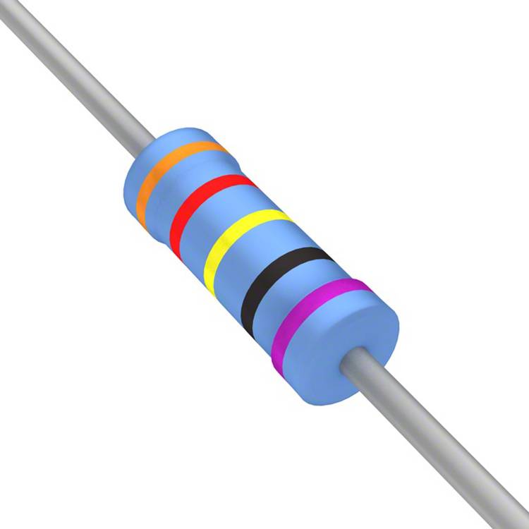 Ein blauer Widerstand mit Farbringen, die Widerstandswerte anzeigen, häufig in elektronischen Schaltkreisen verwendet. Ringe: braun, schwarz, orange, gold.
