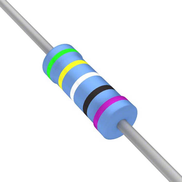 Ein blauer Widerstand mit farbigen Ringen: grün, blau, gelb, schwarz, violett und weiß, die Widerstandswerte und Toleranz angeben.