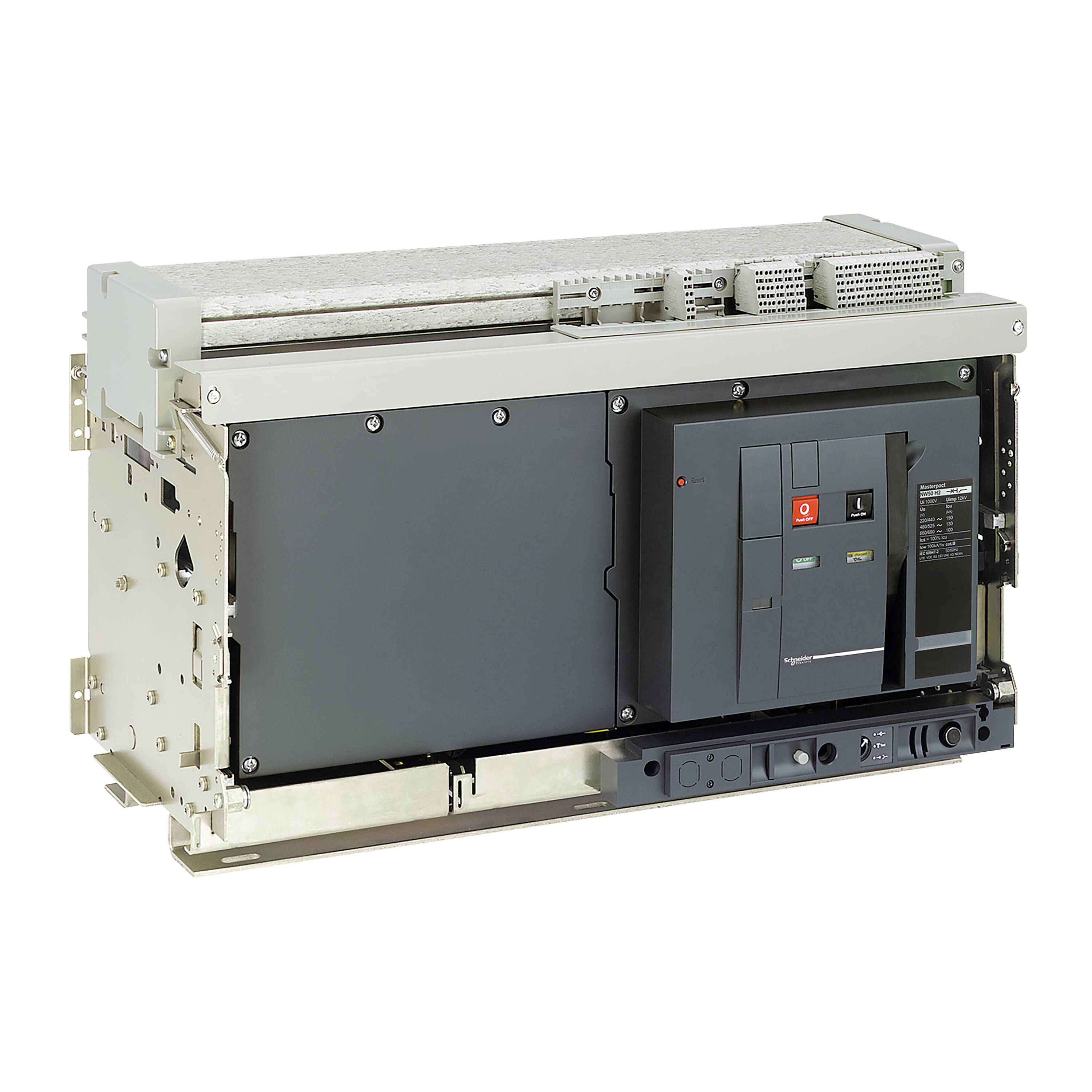 Elektrisches Leistungsschaltgerät mit metallischer Außenhülle und mehreren Anschlüssen, verwendet zur Unterbrechung von Stromkreisen.