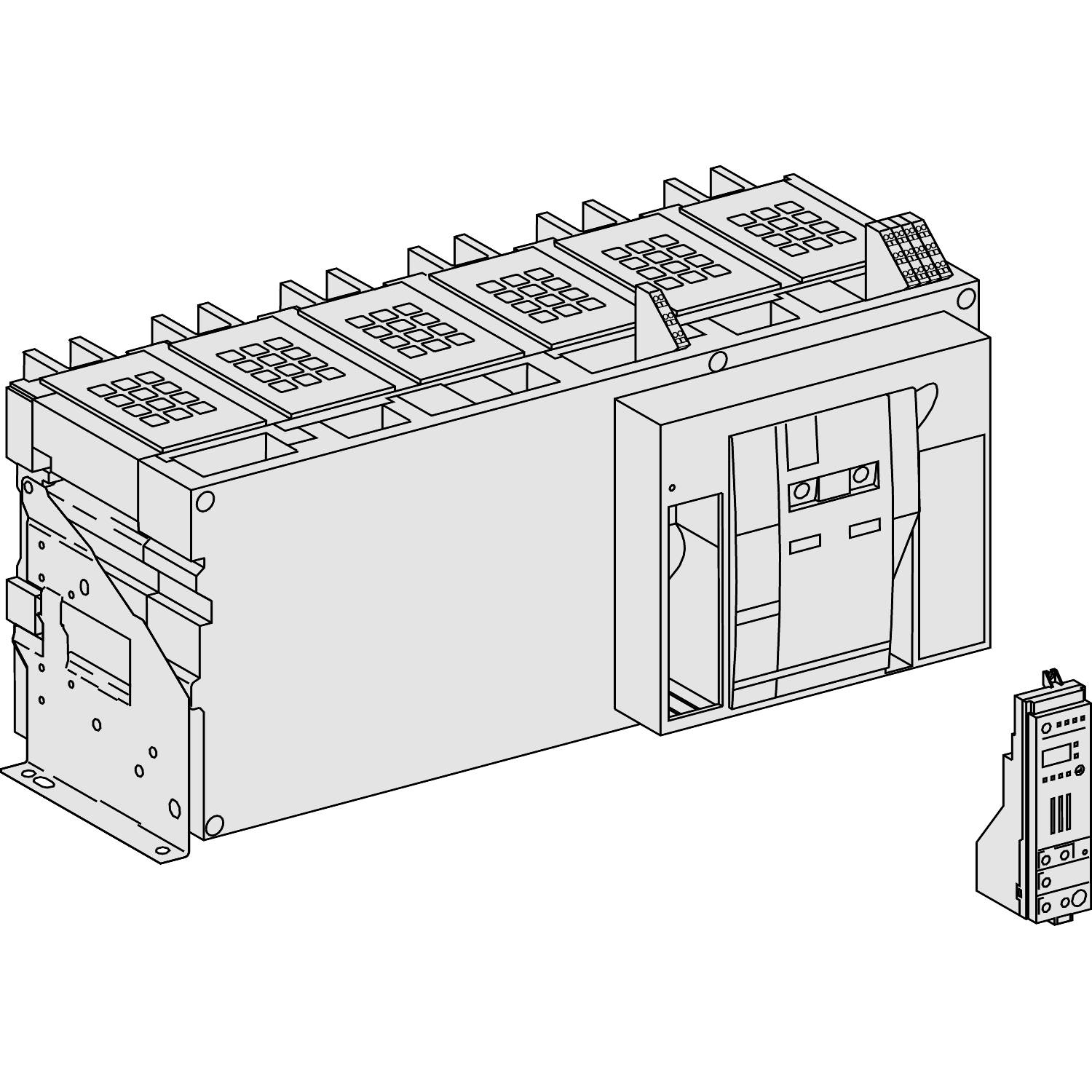Industriekomponente mit rechteckigen Modulen und Steuereinheit. Ansicht auf Schaltkasten mit Detail auf separaten Modul.