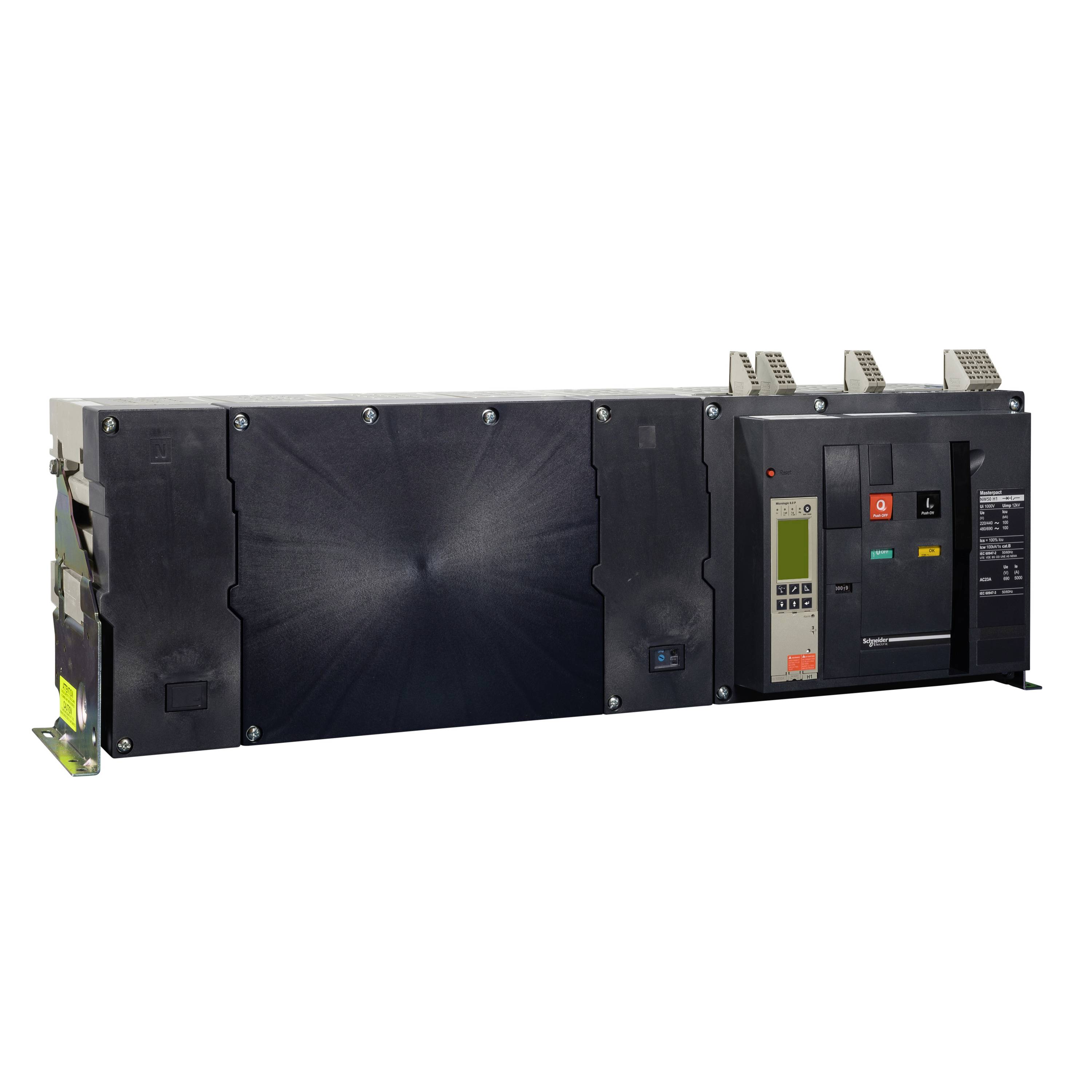 Schwarzer elektrischer Leistungsschalter von Schneider Electric, seitliche Ansicht. Enthält Bedienelemente und ein digitales Display.