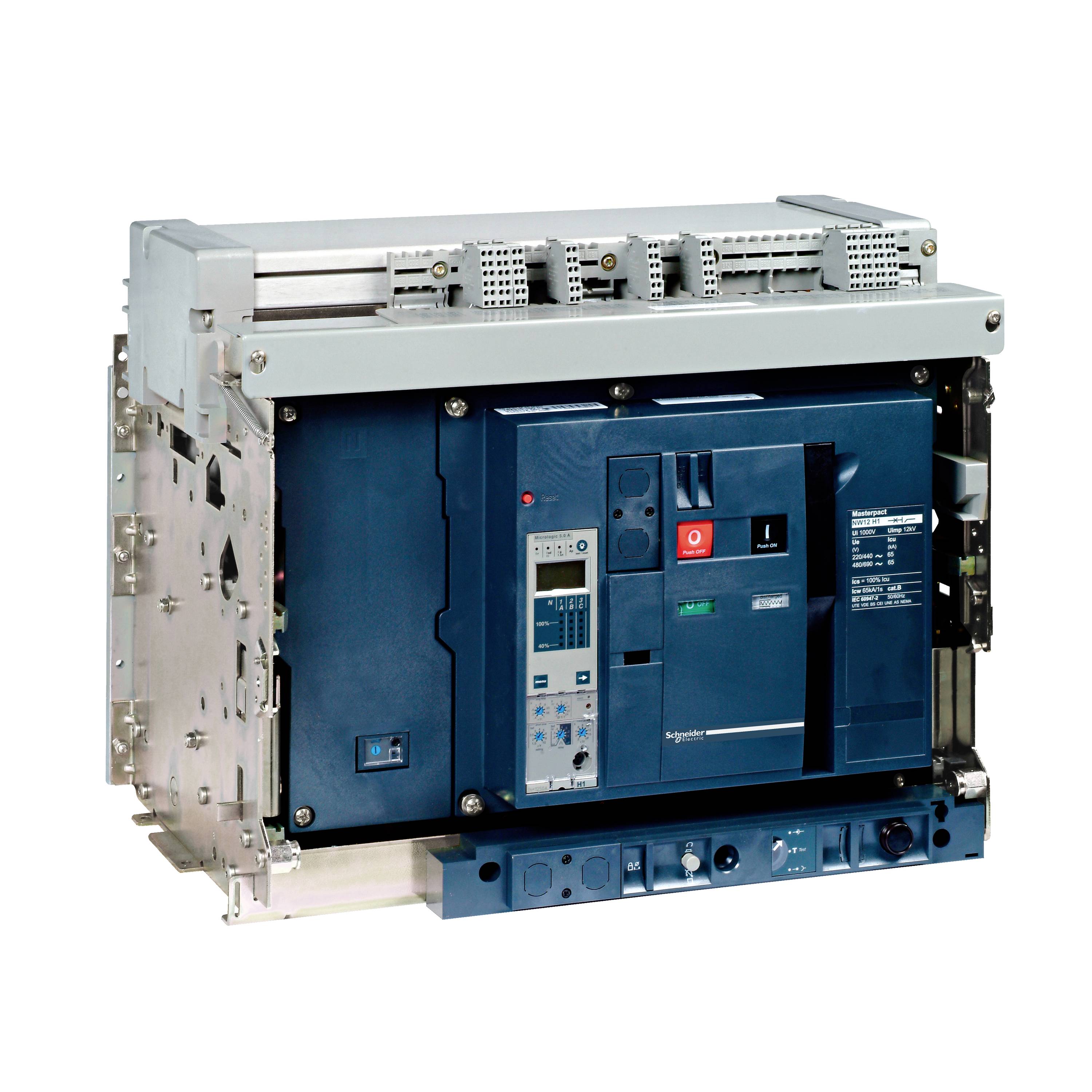Ein rechteckiger, blauer Leistungsschalter mit metallenen Komponenten und Bedienfeld, geeignet für industrielle Elektroinstallationen.