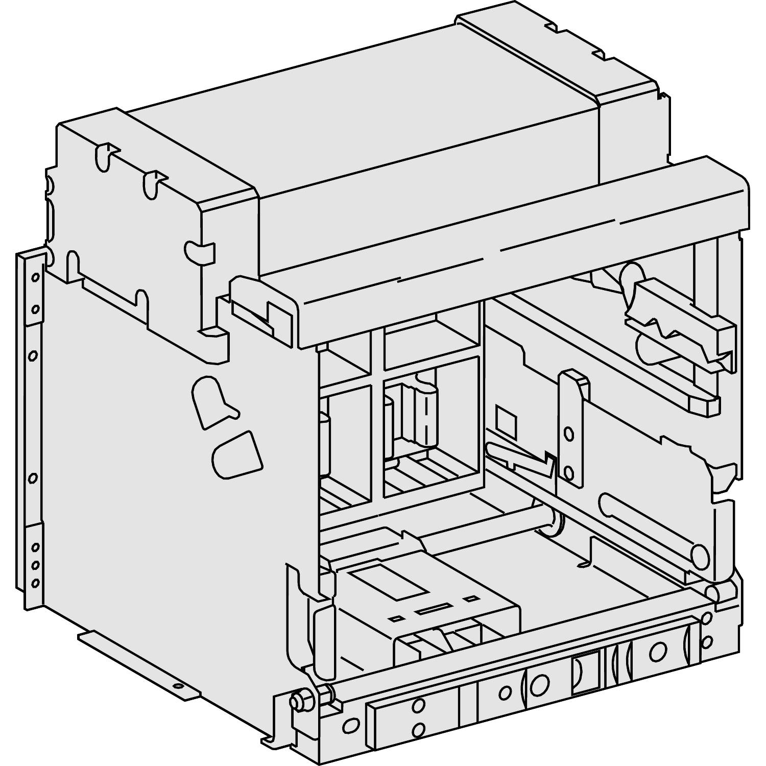 Technische Zeichnung eines mechanischen Bauteils mit offener Seitenansicht, die interne Strukturen und Komponenten zeigt.