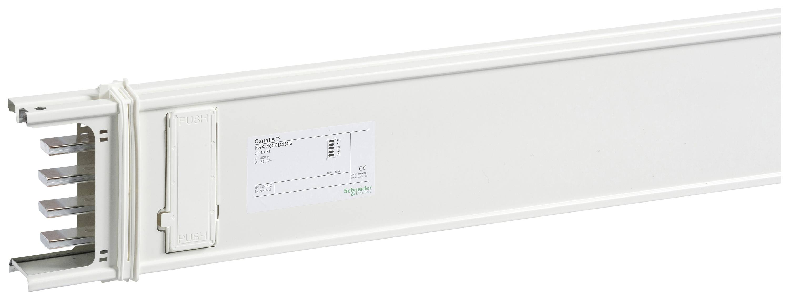 Ein rechteckiger, weißer elektrischer Leitungskanal mit markiertem Schalterfeld links.