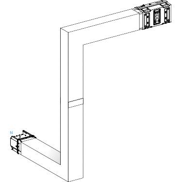 Ein technisches Diagramm zeigt ein L-förmiges Kanalsystem mit zwei Anschlusspunkten, markiert mit 'N', für eine elektrische Installation.