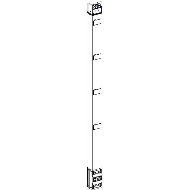 Diagramm eines vertikalen Kabelkanals mit mehreren Steckplatz-Öffnungen und Anschlüssen oben und unten. Ideal für Kabelmanagement in Büros.