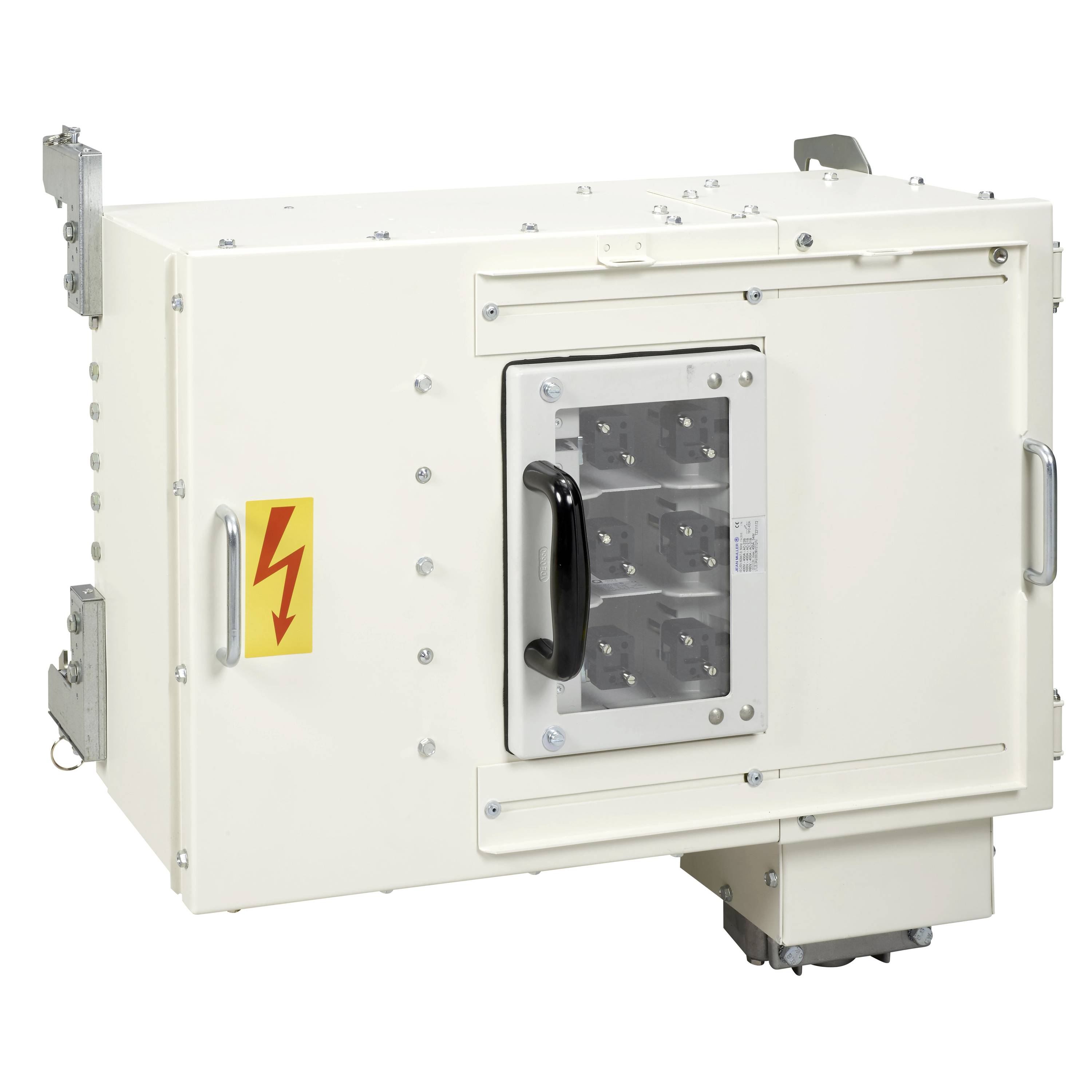 Ein weißes elektrisches Gerät mit einem Griff auf der Vorderseite und einem Warnsymbol für hohe Spannung.