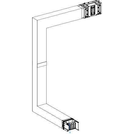 Installationsschema eines komplexen elektrischen Kanals mit einem Winkel, zwei Steckverbindern und markiertem Neutralleiter.
