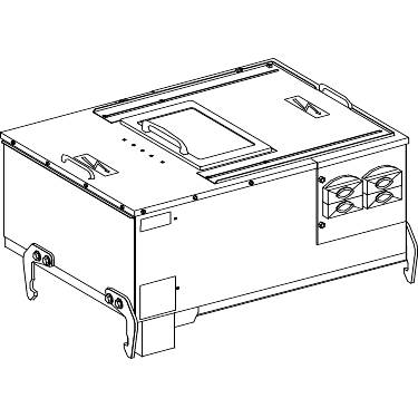 Eine technische Zeichnung einer rechteckigen Maschine mit Lüftungsöffnungen und Haken an den Seiten.
