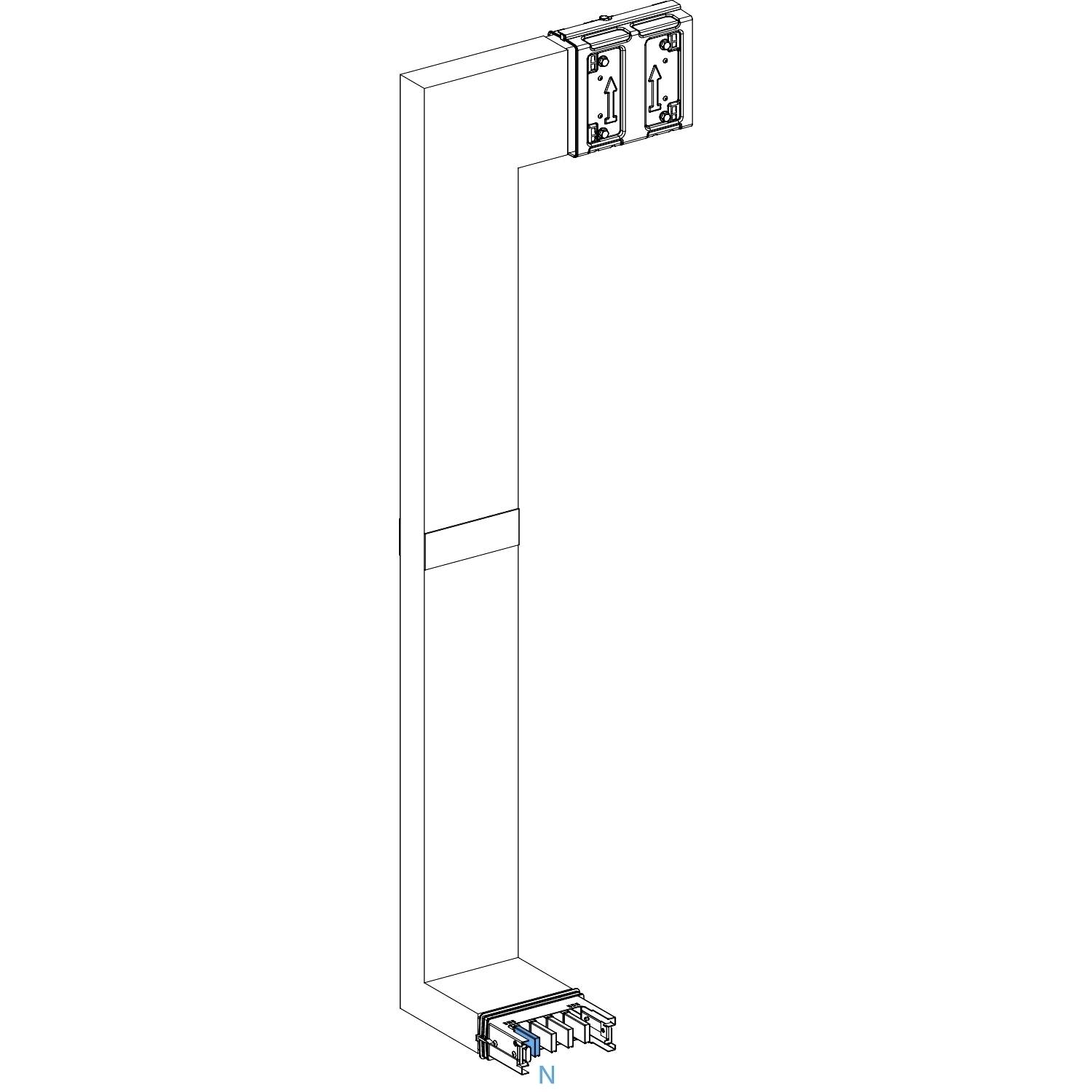Ein technisches Diagramm zeigt ein vertikales Installationssystem mit zwei Schaltanlagen oben und Anschlüssen unten.