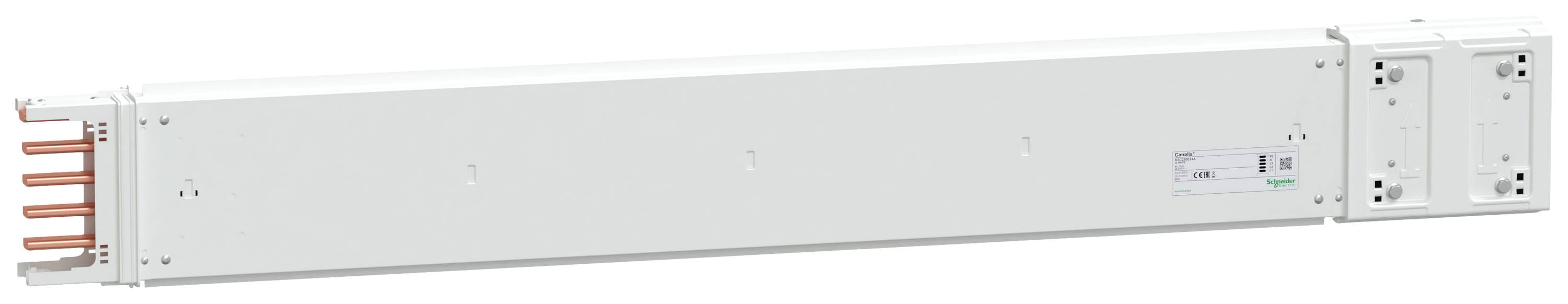 Ein längliches, weißes elektrisches Schienensystem mit mehreren Kupferkontakten, möglicherweise von einem Hersteller wie Schneider Electric.