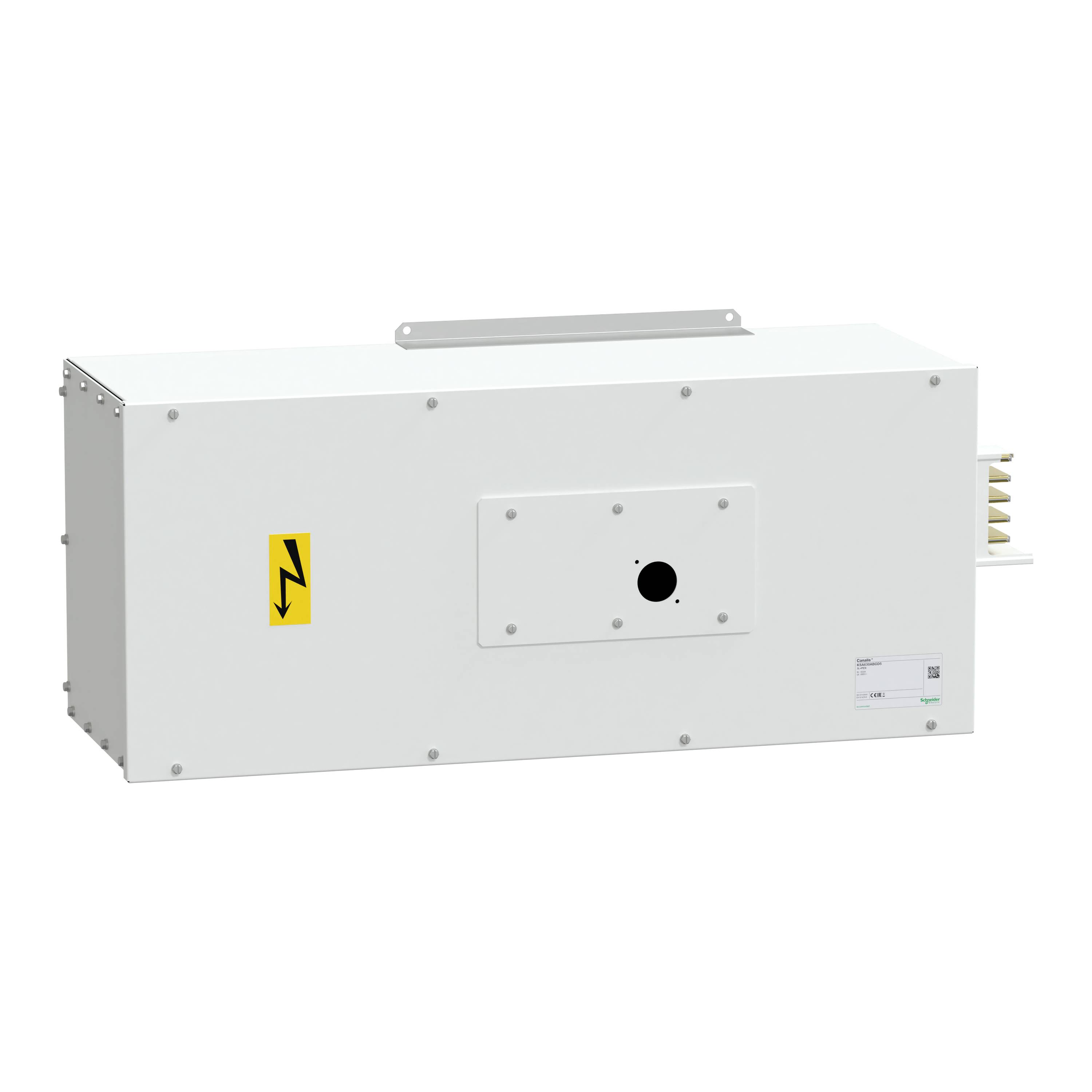 Rechteckiges, graues elektrisches Gerät mit Warnsymbol. Seitlich sichtbare Anschlüsse. Verwendet für Elektrizitätsverteilungen.