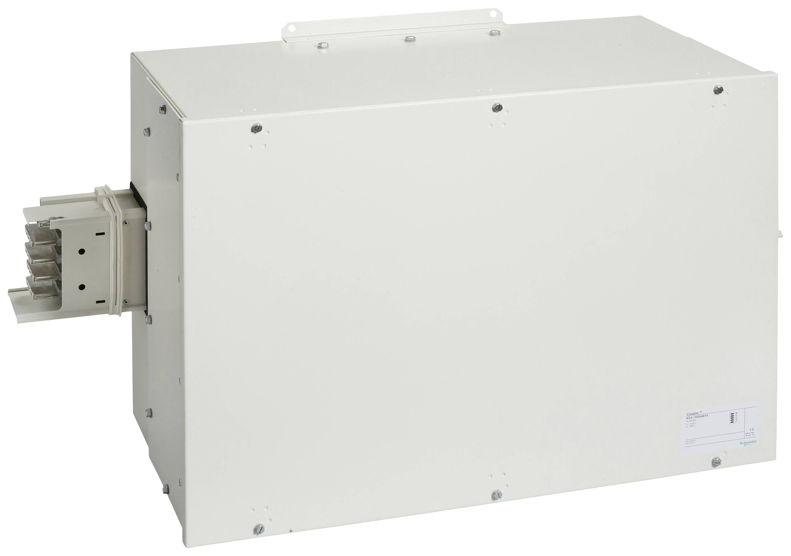 Ein rechteckiges, weißes Metallgehäuse mit einem seitlichen Steckverbinder. Es kann zur elektronischen oder elektrischen Verteilung genutzt werden.