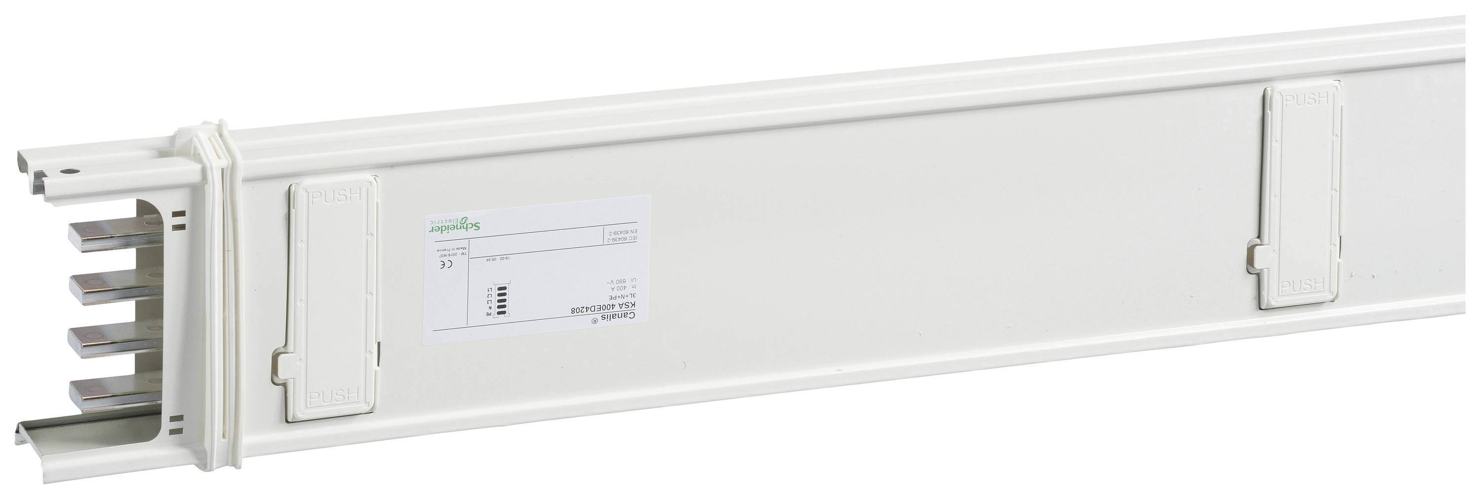 Ein gerades, weißes Leitungskanalstück mit Metallleitern, verwendet für den elektrischen Anschluss in Gebäuden.