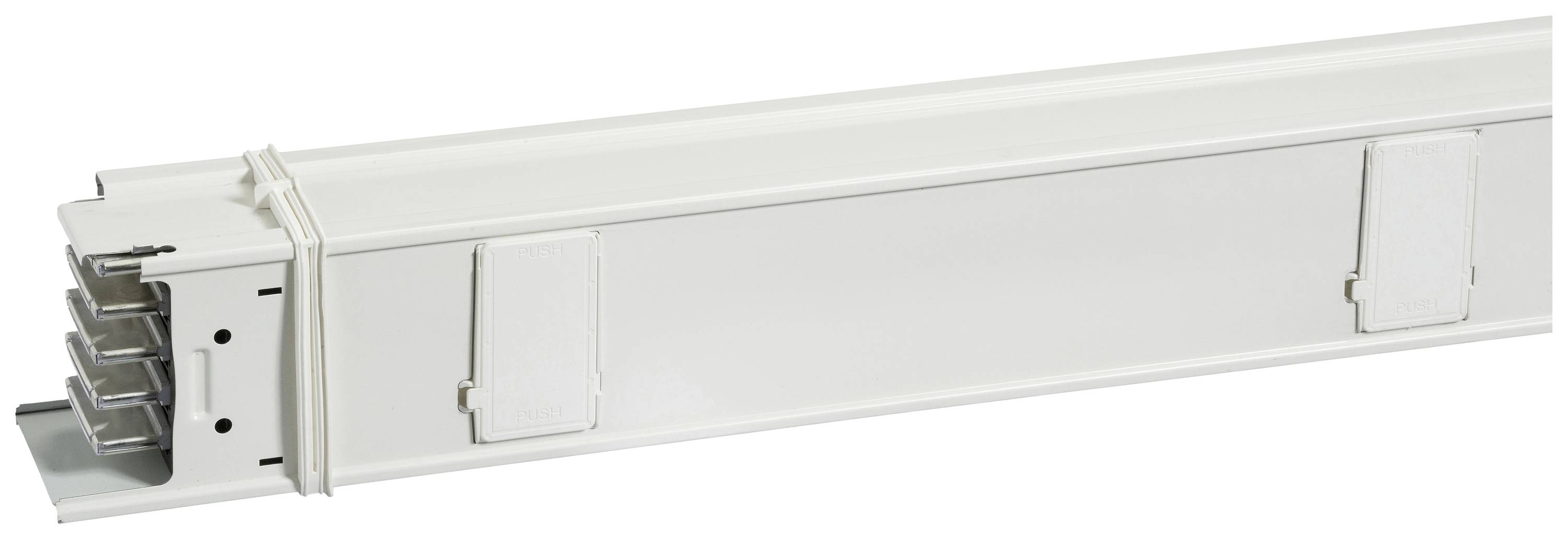 Weiße Kabelführung mit rechteckiger Form, geeignet zur ordentlichen Anordnung und Abdeckung von Kabeln in Büro- oder Heimumgebungen.