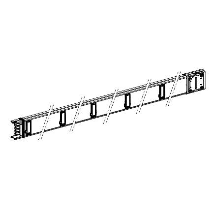 Technische Zeichnung einer langen, horizontalen Leiter mit mehreren Sprossen und Befestigungspunkten an beiden Enden.