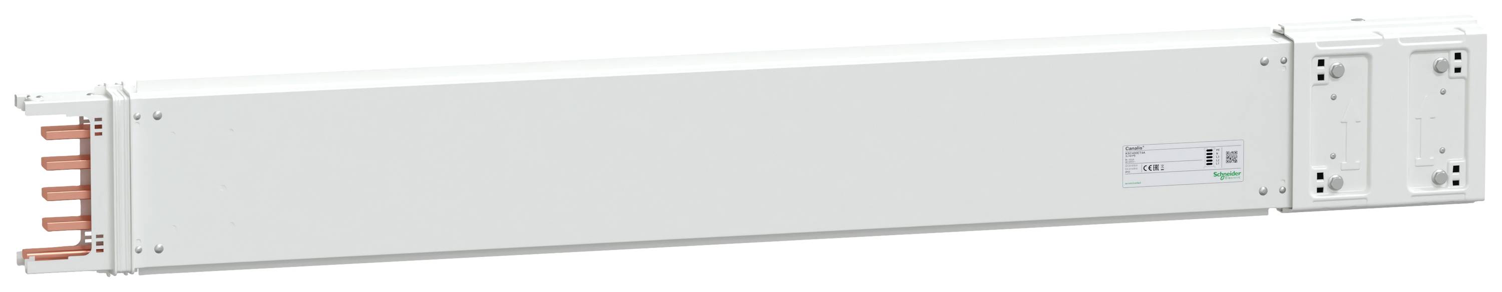 Ein rechteckiges elektrisches Bauteil mit Kupferkontakten und seitlichem Typenschild, möglicherweise eine Verteilerschiene.