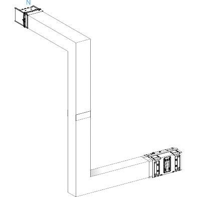 Diagramm eines L-förmigen Lüftungskanalsystems mit Ventilatoren an beiden Enden. Der obere Luftstrom zeigt nach Norden.