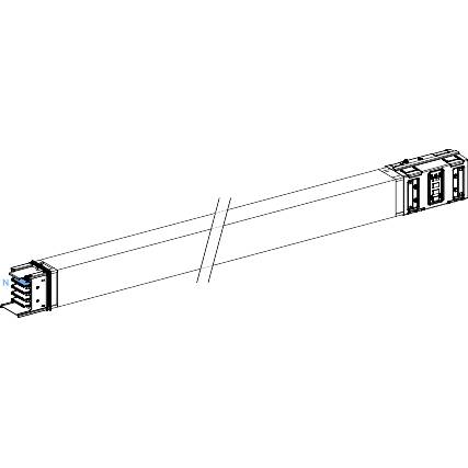 Diagramm einer elektrischen Sammelschiene mit rechteckigen Anschlüssen und Sicherungseinheit. Zeigt Verkabelungsanschlüsse und Sicherheitskomponenten.