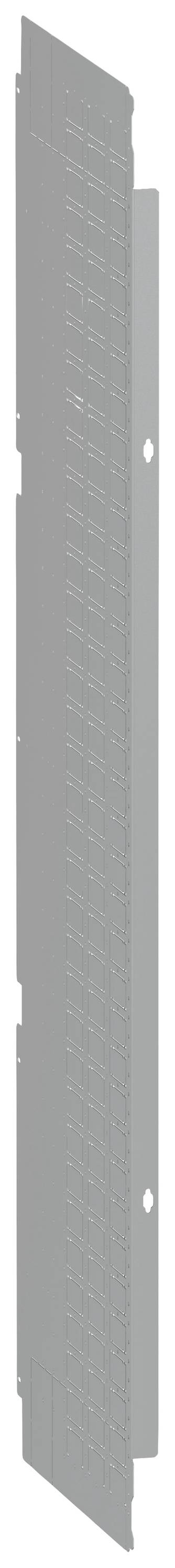 Ein langes, graues, vertikal ausgerichtetes Metallstück mit Löchern, möglicherweise für Belüftung oder Befestigung.