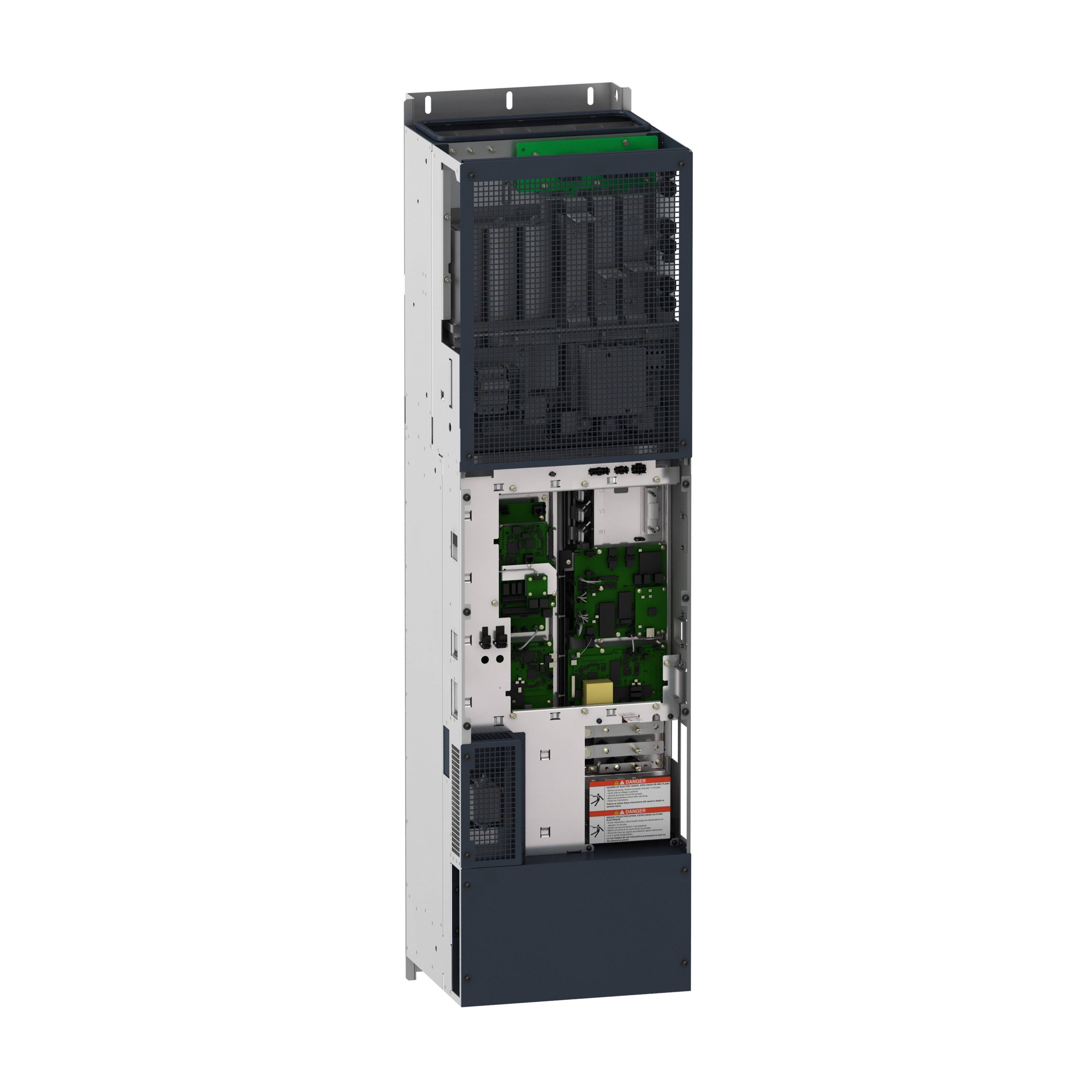 Ein schmaler, hoher Schaltschrank mit offenem Gehäuse zeigt mehrere elektronische Bauteile und Leiterplatten, eingebaut für industrielle Anwendungen.