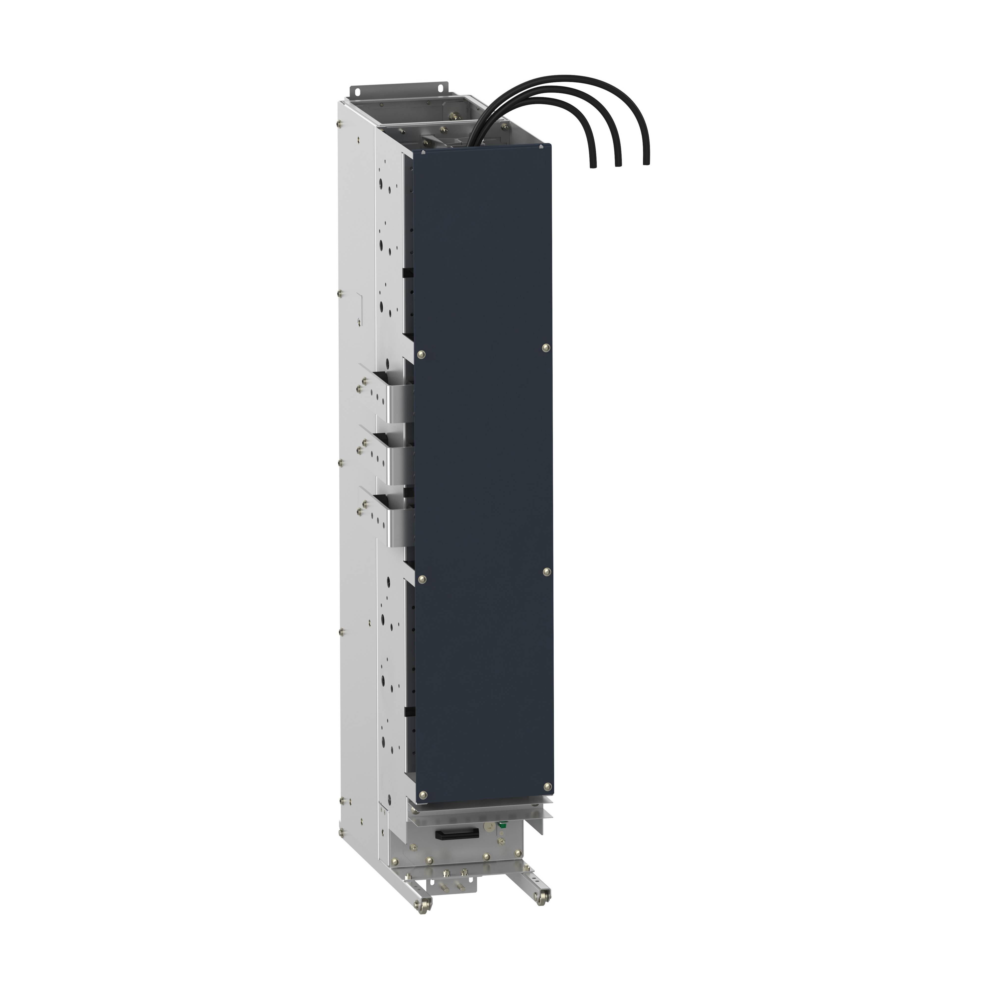 Modulares Batteriesystem mit abnehmbarer Abdeckung, schwarzer Front, mehreren Anschlusskabeln oben, montierbar auf Metallfüßen.