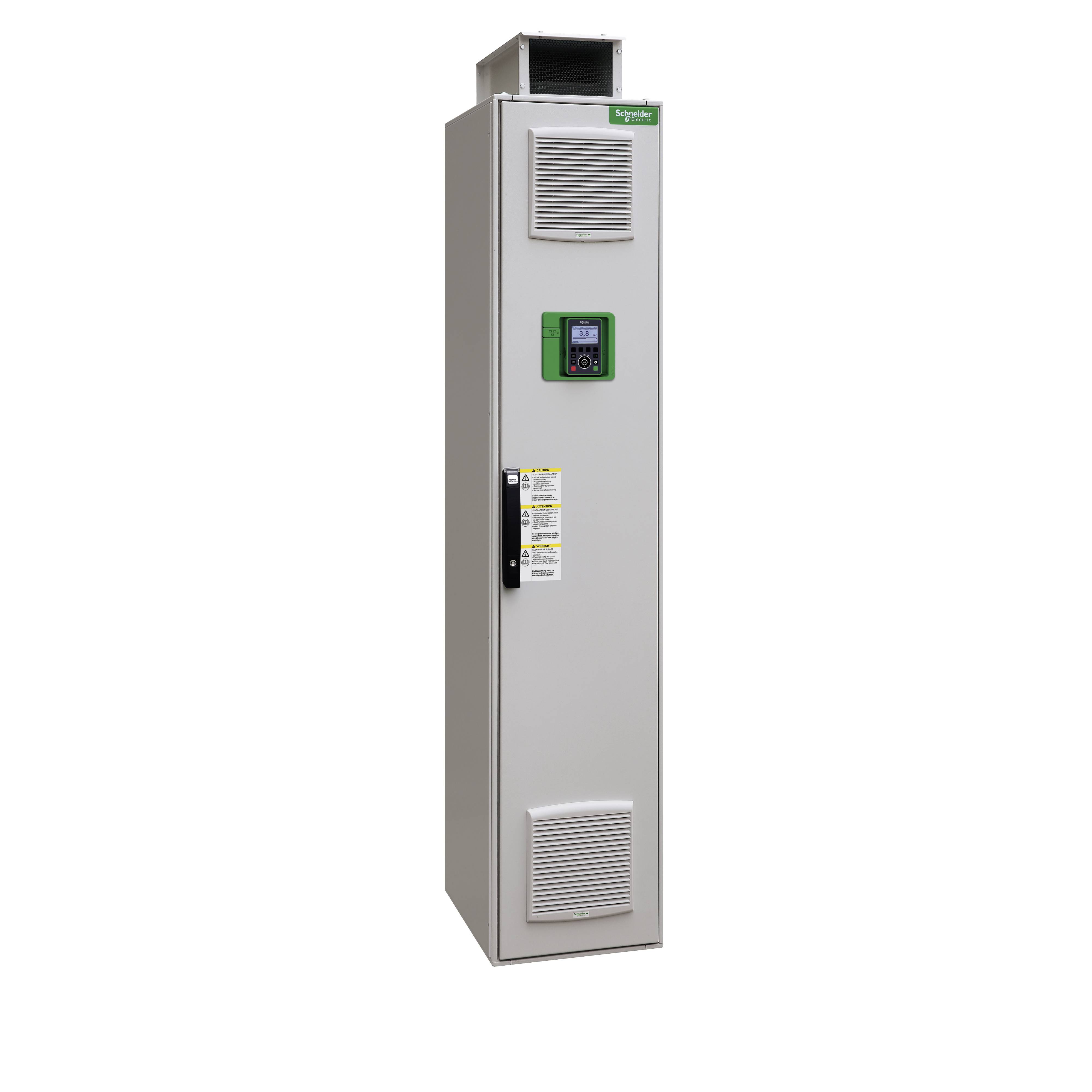 Schmaler, rechteckiger Schaltschrank mit Lüftungsgittern und zentralem Bedienfeld zur Steuerung von elektrischen Anlagen.