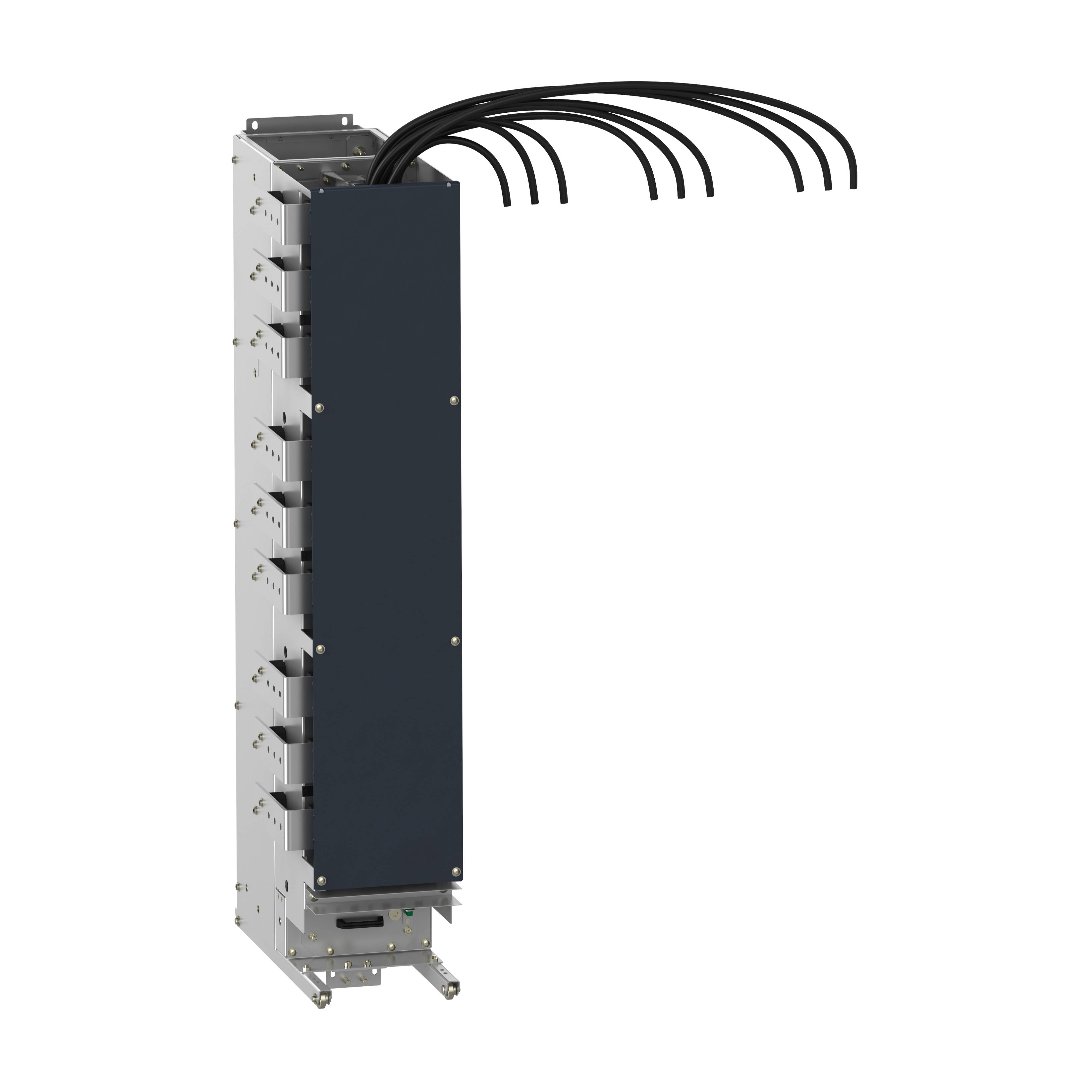Ein graues, rechteckiges elektronisches Gerät mit mehreren Kabeln an der Oberseite, aufrecht stehend.