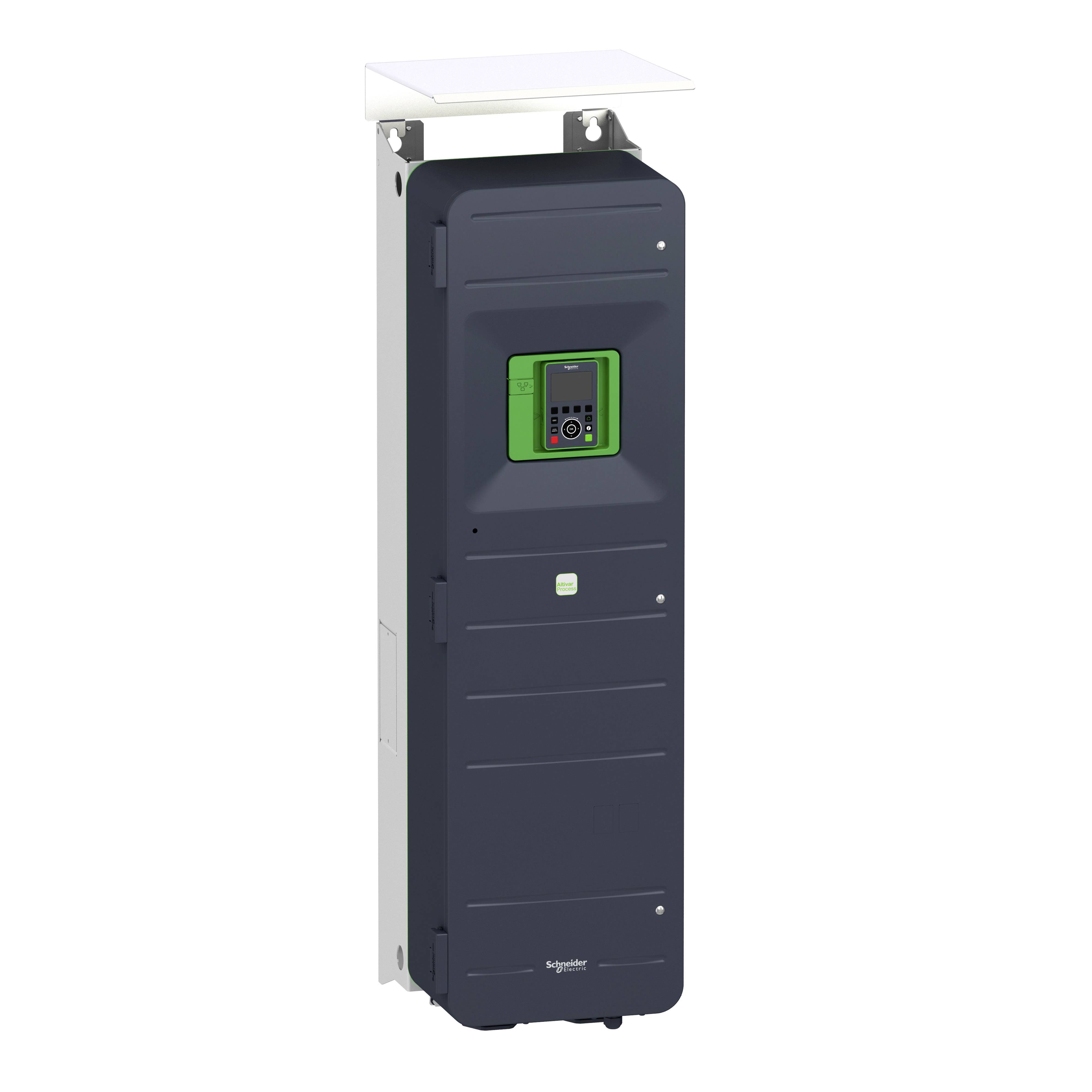 Ein elektrischer Schaltschrank mit grünem Display in der Mitte; Marke 'Schneider' erkennbar. Geeignet für Steuerungssysteme.